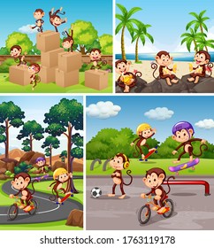 Set of monkey in different background illustration