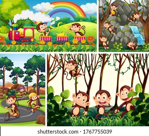 Conjunto de monos en diferentes ilustraciones de fondo