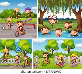 Set of monkey in different background illustration