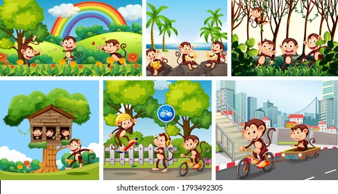 Set of monkey in different background illustration