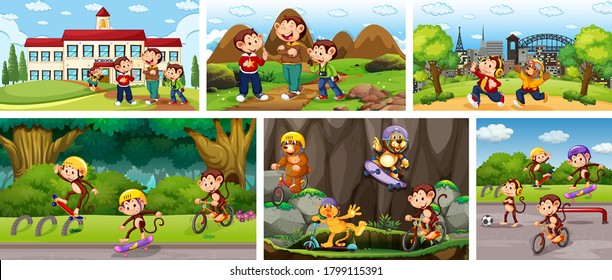 Set of monkey in different background illustration