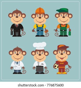 Set of monkey in different costumes: builder, sportsman, worker, doctor, manager, cook in cartoon style.