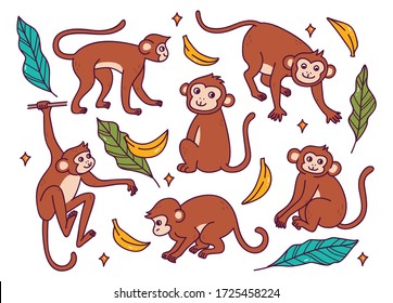 Set of Monkey in Different Poses Doodle