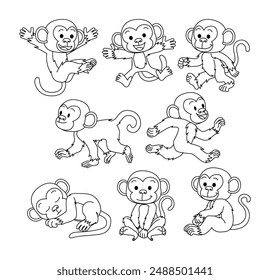 Set of monkey doodle collection, monkey outline coloring page or book animals for kindergarten, Vector line art set of animals wildlife, Hand drawn, Minimal monkey line art doodle in different pose.