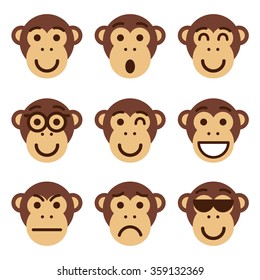 Set of monkey emoticons. Funny monkey show different emotions. Vector illustration.