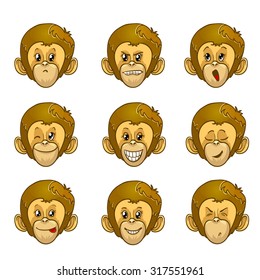 Set of monkey face with different emotions, vector image, eps10