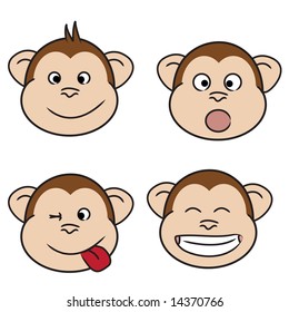 Set of monkey faces, friendly, surprised, naughty and laughing