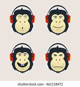 Set of monkey heads with headphones. DJ monkey listens music. Collection of an emotional faces. Emoji icons isolated on white background. Vector stickers.