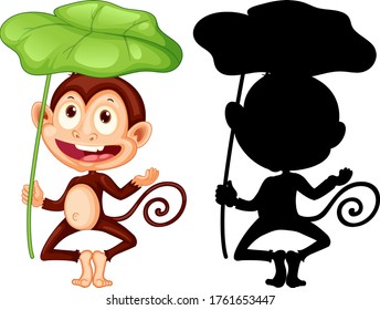 Set of monkey holding leaf and its silhouette illustration