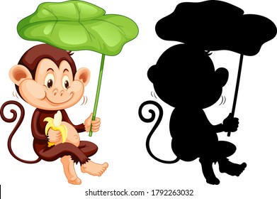 Set of monkey holding leaf and its silhouette illustration