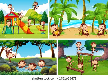 Set of monkey in nature background illustration