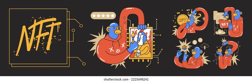 Set with Monkey nft creator concepts. Cryptocurrency, mining, trends and markets. Investment, startup, search for new successful business ideas. 2k grunge style. Vector illustration.