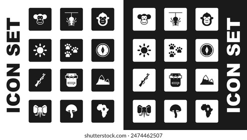 Set Monkey, Paw print, Sun, Compass, Spider, Mountains and Hunting gun icon. Vector