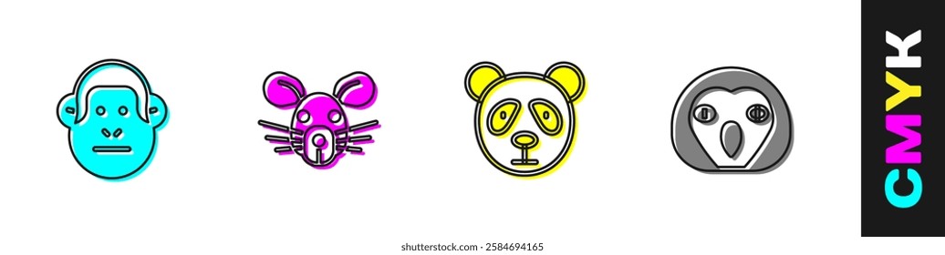 Set Monkey, Rat head, Cute panda face and Owl bird icon. Vector