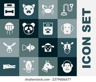 Set Monkey, Rhinoceros, Dog, Crab, Cute panda face, Jellyfish, bone and Bag of food icon. Vector