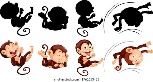 Set of monkey and its silhouette illustration