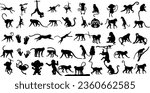  A set of monkey silhouettes on a white background. Perfect for designs about animals, nature, wildlife, primates, monkeys, apes, jungle, rainforest, conservation, and education