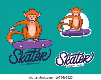 Set of Monkey skater funny logotype with text, phrase.Jungle macaque character, badge, sticker, label on background isolated. Sport animal logo and emblem. Vector illustration
