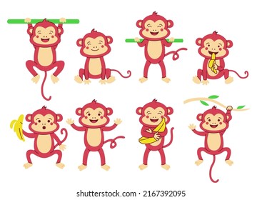 Set of monkey in various action and emotion in cartoon style, vector illustration
