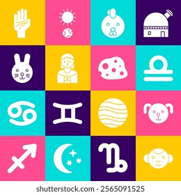 Set Monkey zodiac, Dog, Libra, Rooster, Astrology woman, Rabbit, Palmistry of the hand and Asteroid icon. Vector