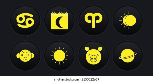 Set Monkey Zodiac, Eclipse Of The Sun, Sun, Pig, Aries, Moon Phases Calendar, Planet Saturn And Cancer Icon. Vector