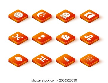 Set Monkey zodiac, Gemini, Pisces, Solstice, Comet falling down fast, Asteroid, Milky way spiral galaxy and Leo icon. Vector