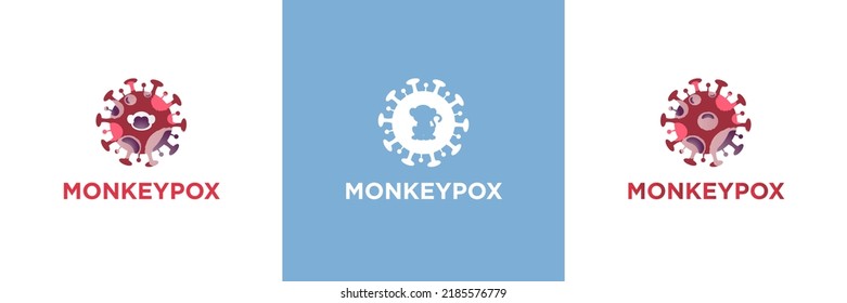 Set of Monkeypox Icons on white and blue backgrounds with copy space. Virus cell with white and red cells inside. Editable Vector Illustration. EPS 10. 