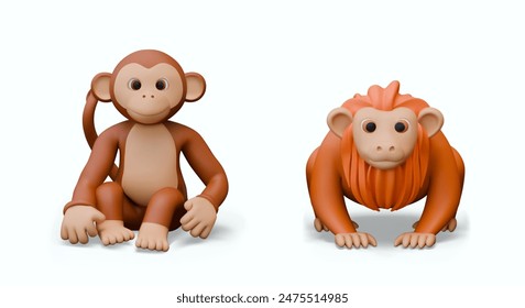 Set of monkeys of different species. Realistic macaque and uakari on white background