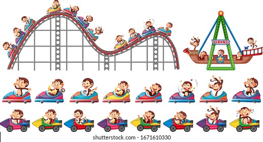 Set of monkeys riding on different rides in the circus illustration