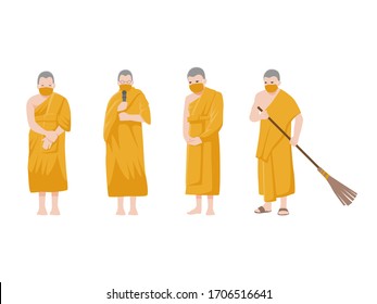 Set of monks. Social Distancing, Monk keep distance for infection risk and disease, for prevent virus Covid-19.Corona virus. Health care concept.