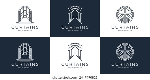 set of mono line curtains logos collection. Different kinds of windows curtains outline icons set vector illustration.