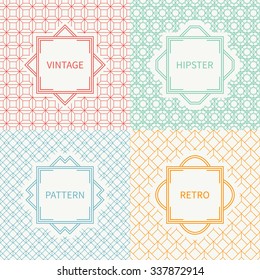 Set of mono line geometric seamless cube pattern with square, cube. Vintage frames in red, green, blue, gold. Vector background. Texture for greeting cards. Labels, badges. Illusion effect.
