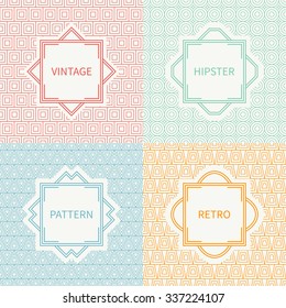 Set of mono line polygon hipster seamless pattern. Vintage frames in red, green, blue, gold. Wrapping paper. Vector background. Texture for greeting cards, wedding invitations. Labels, badges.