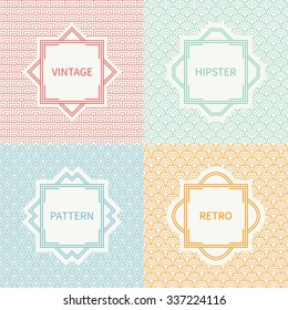 Set of mono line polygon hipster seamless pattern. Vintage frames in red, green, blue, gold. Wrapping paper. Vector background. Texture for greeting cards, wedding invitations. Labels, badges.