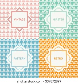 Set of mono line polygon hipster seamless pattern with triangle. Vintage frames in red, green, blue, gold. Wrapping paper. Background. Texture for greeting cards, invitations. Labels, badges.