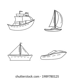 set of mono line style design marine vehicle sailboat, jet boat vector illustration