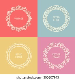 Set of mono line vintage frames on Red, Grey, Gold and Pink background. Perfect for greeting cards, wedding invitations, retro parties. Vector logo template, labels and badges