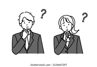 A set of monochrom illustrations of male and female students with their hands on their chins, thinking.The vector data is easy to edit.