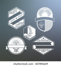 Set of monochromatic (easy to change color for any background) labels and tags with victory theme and floral decorative elements, isolated vector emblems with empty places for text. 