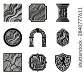 Set of monochromatic graphic elements with halftone shading and organic textures. Includes architectural columns, stone archways, geometric crystals, and a rampant lion shield.