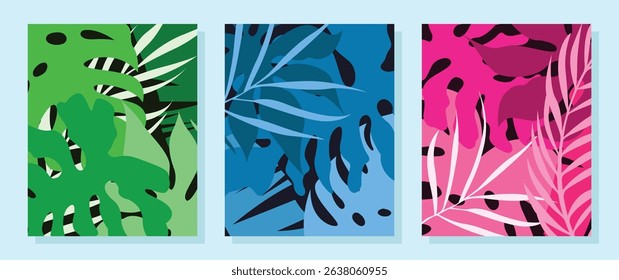 Set of Monochromatic trendy tropical backdrop vector ideas for home decor, template, postcard, brochure, poster, banner, rugs and carpet. Vector illustration. 