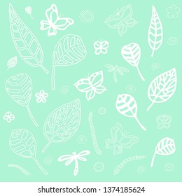 Set of monochromatic white contour drawings: flowers, butterflies, leaves on a turquoise background