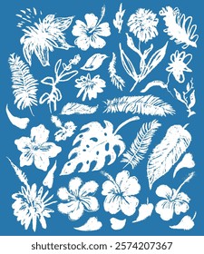 Set of monochromatic white nature inspired shapes. Painted with a dry brush on canvas. Cute botanical shapes pattern, random cutouts of tropical leaves and flowers, decorative abstract art vector.