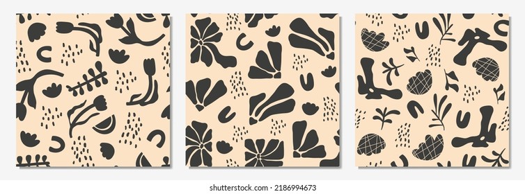 Set of monochrome abstract hand drawn aesthetic floral illustration patterns. Botanical retro concept templates perfect for postcards, wrapping paper, banner, background etc.