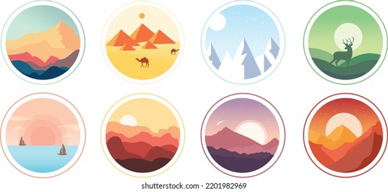 Set Of Monochrome Abstract Landscape Icons In Collection Of Different Seasons Natural Scenery For Stickers, Logos, Posters, Beautiful Landscape Illustrations On White Background.