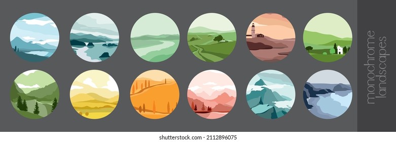 Set of monochrome abstract landscapes in the shape of a circle. Collection of nature views of different seasons for stickers, decor, logos, posters, card. Art print of seasons. Vector illustration - Shutterstock ID 2112896075