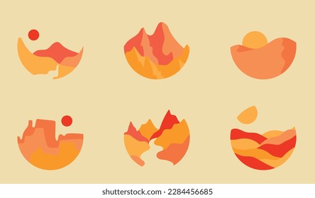 Set of monochrome abstract landscapes in the shape of a circle. Collection of nature views for stickers, decor, logos, posters, card. Vector illustration