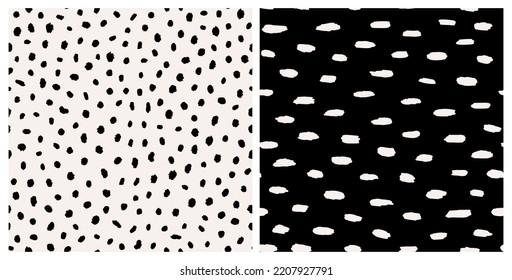 Set Of Monochrome, Abstract Polka Dot And Stroke Lines Seamless Repeat Pattern, Irregular, Hand Drawn Round Geometrical Shapes All Over Surface Print In Black And White.