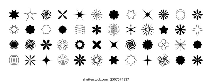 Set of monochrome abstract retro geometric shapes in 70s groovy style. Contemporary collection of various bold and linear design elements: flowers, stars, spirals, swirls and other basic forms.