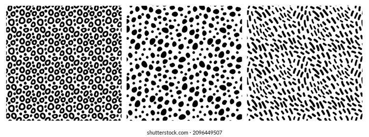 Set of monochrome abstract seamless patterns of bubbles, dots, hand drawn lines. Vector illustration on white with black circles, dots shapes